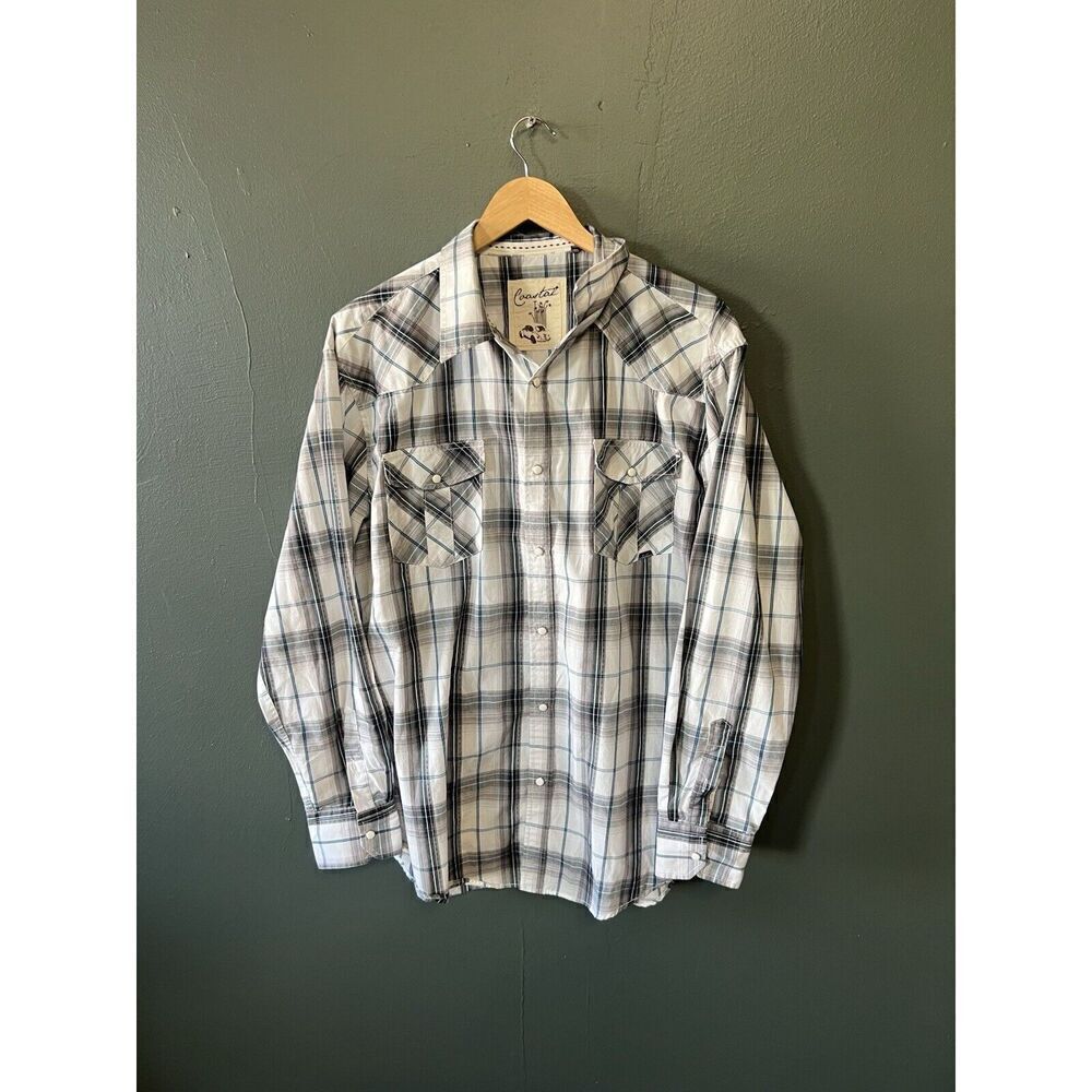 COASTAL Western Rodeo Cowboy Pearl Snap Plaid Long Sleeve Men Shirt 2XL Vintage